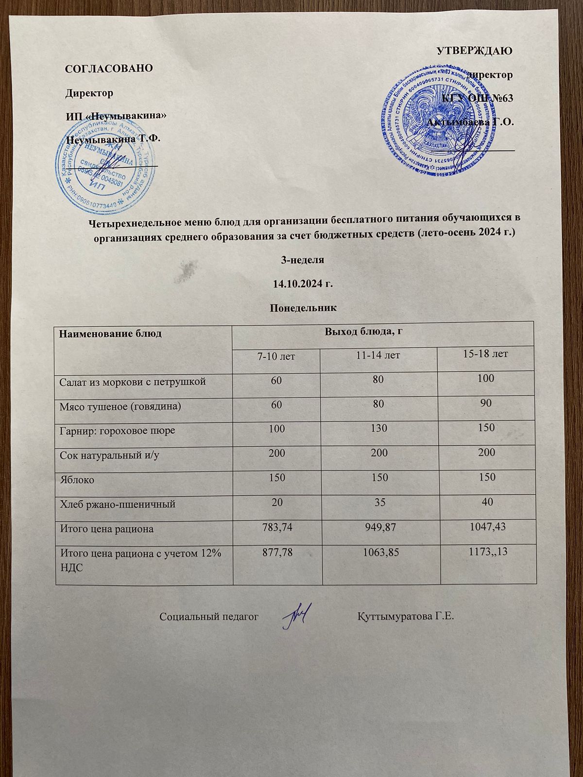 Ас мәзірі 14.10.2024