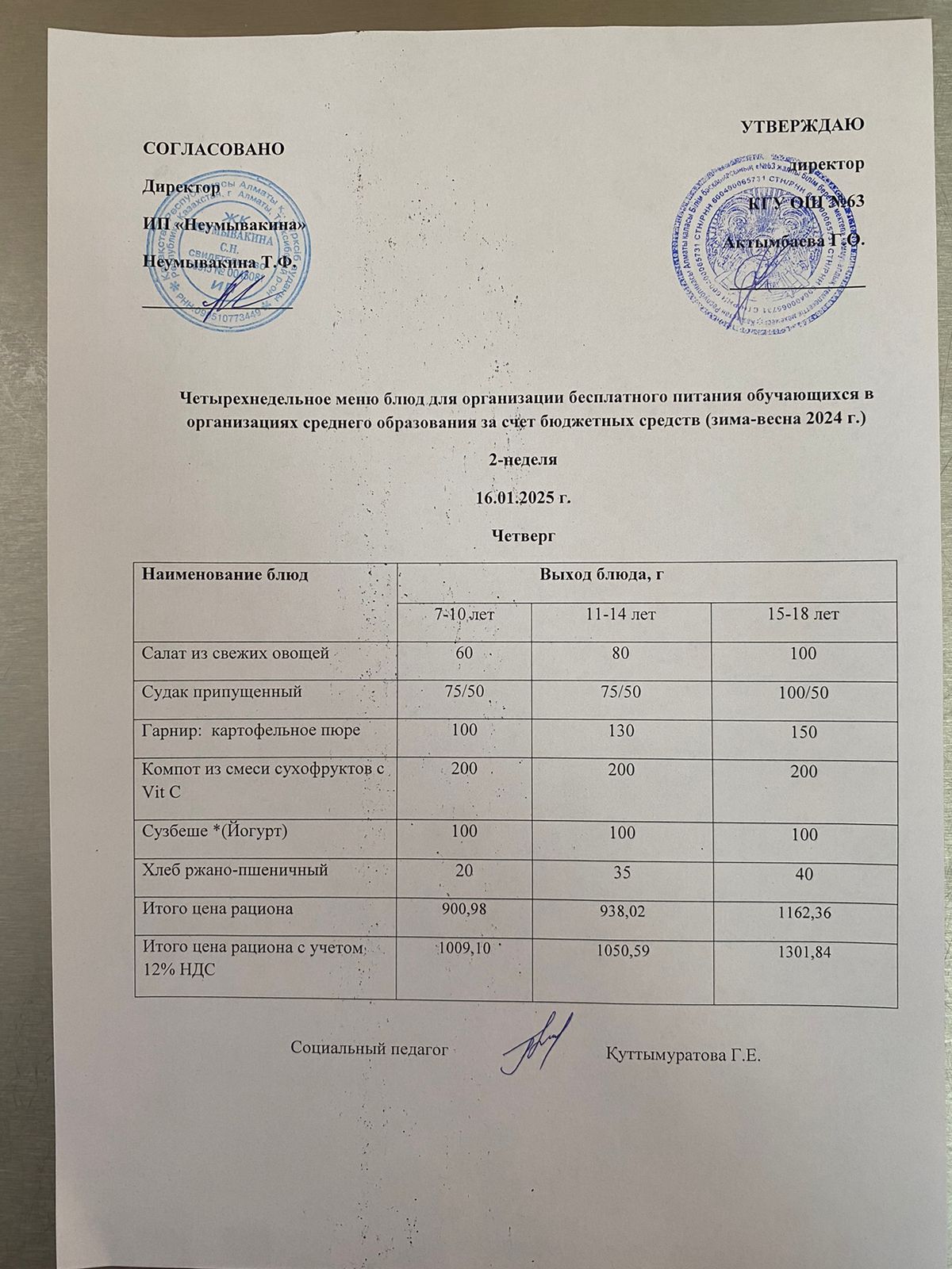 Ас мәзірі 16.01.2025