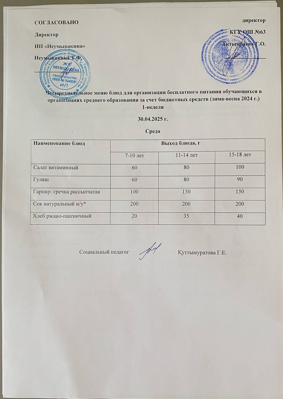 Ас мәзірі 30.04.2025