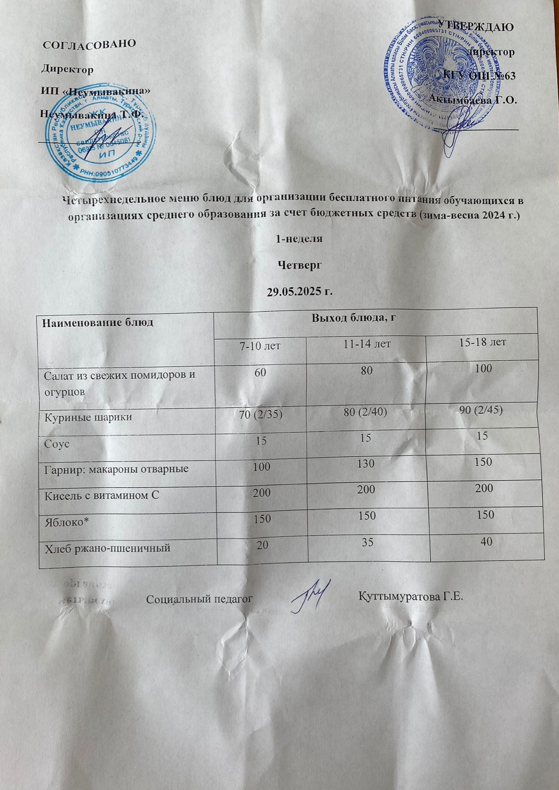 Ас мәзірі 29.05.2025