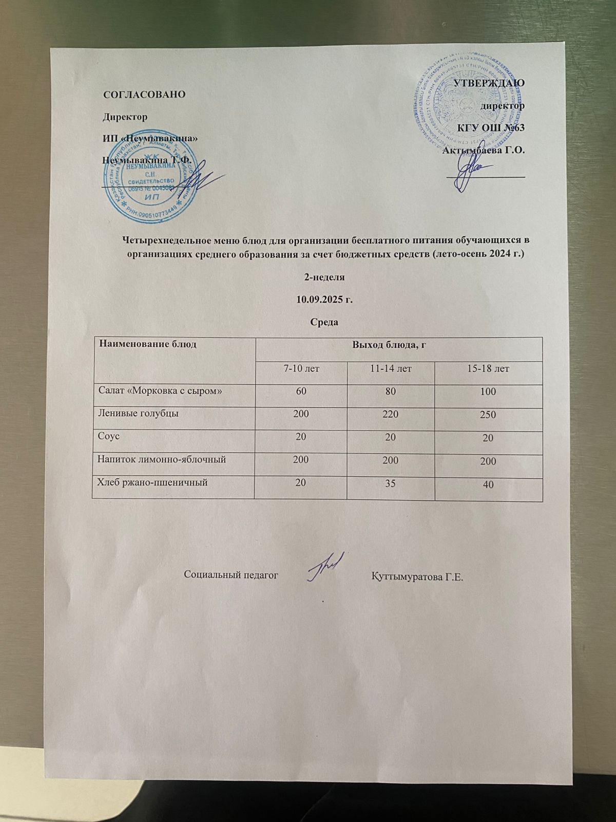 Ас мәзірі 10.09.2025